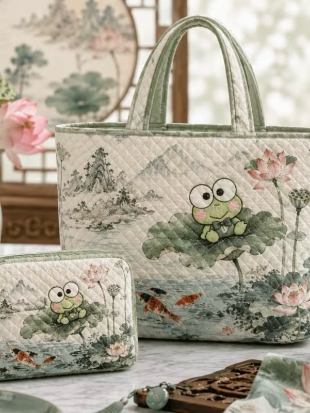 Sanrio Green Quilted Frog and Lotus Tote